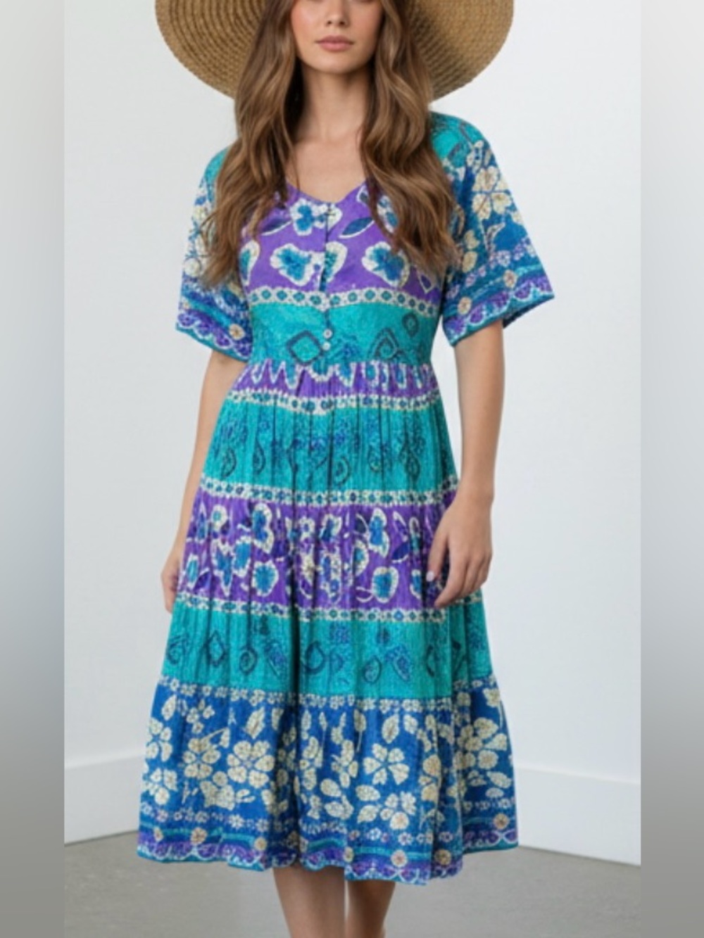 VINTAGE- 1980 Floral Blue and Purple Midi Dress
